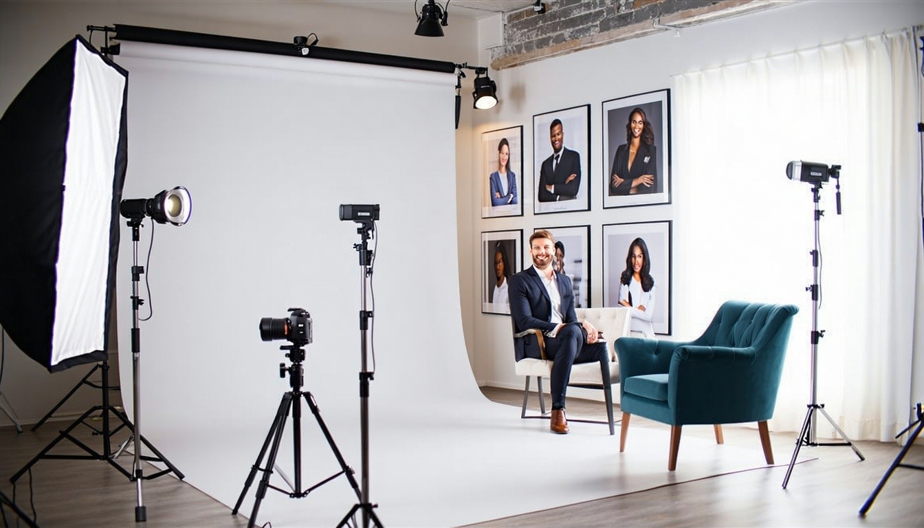 The image depicts a modern photography studio bathed in natural light showcasing a sleek and professional setup for headshot photography On one side a backdrop features a serene plain color to enhance the subjects while the other side reveals a wello The image depicts a modern photography studio bathed in natural light showcasing a sleek and professional setup for headshot photography On one side a backdrop features a serene plain color to enhance the subjects while the other side reveals a wello